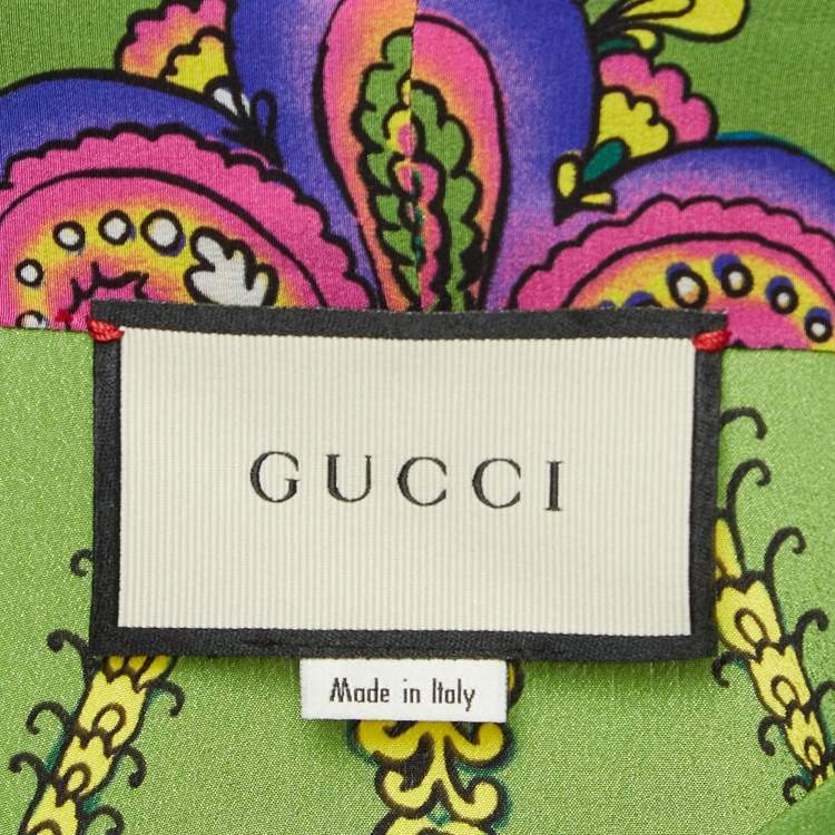 Pre Owned Gucci Green Printed Silk Tie-Neck Blouse M