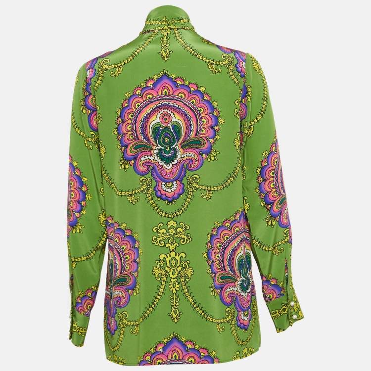 Pre Owned Gucci Green Printed Silk Tie-Neck Blouse M
