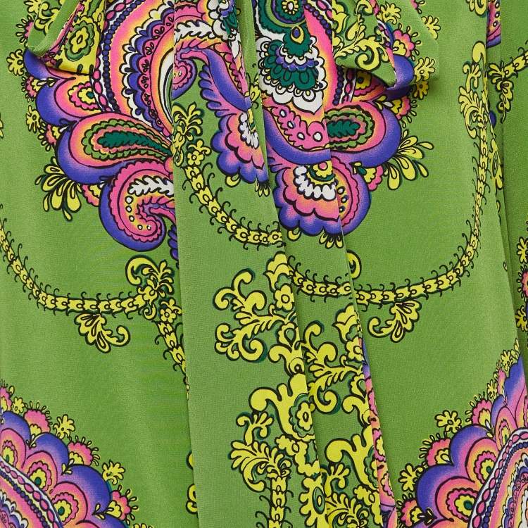 Pre Owned Gucci Green Printed Silk Tie-Neck Blouse M