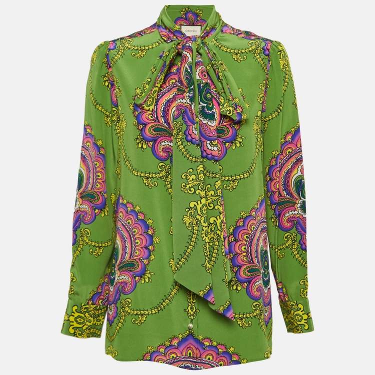 Pre Owned Gucci Green Printed Silk Tie-Neck Blouse M