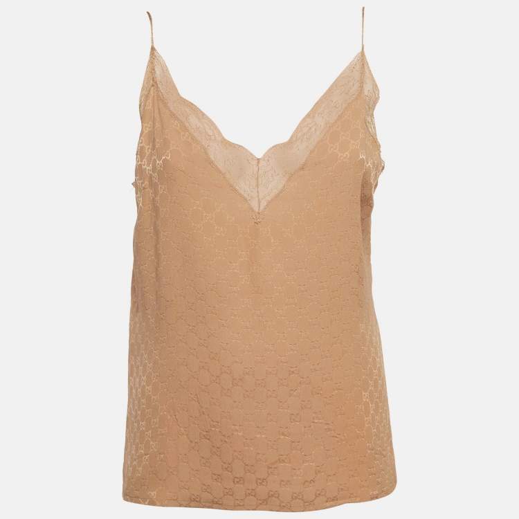Pre Owned Gucci Beige GG Lace Trim Silk Camisole Top L