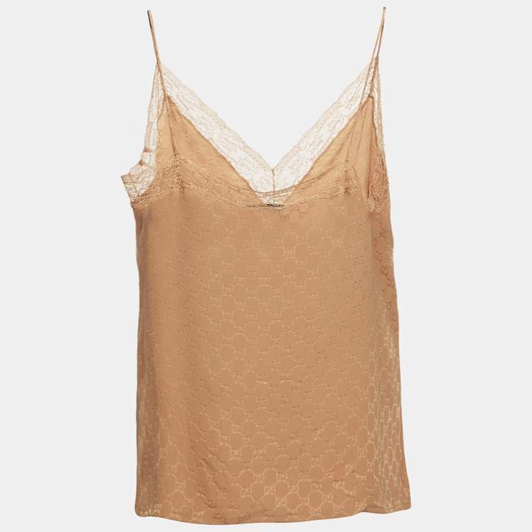 Pre Owned Gucci Beige GG Lace Trim Silk Camisole Top L