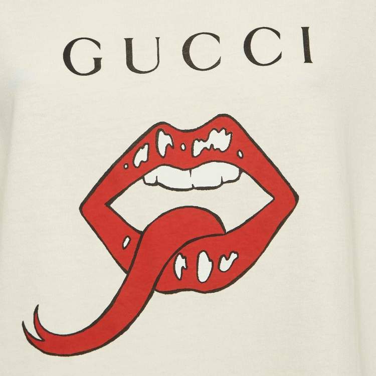 Pre Owned Gucci Cream Mouth Print Cotton Knit Crew Neck T-Shirt S