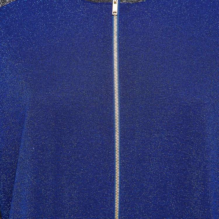 Pre Owned Gucci Blue GG Intarsia Lame Knit Zip Front Jacket L