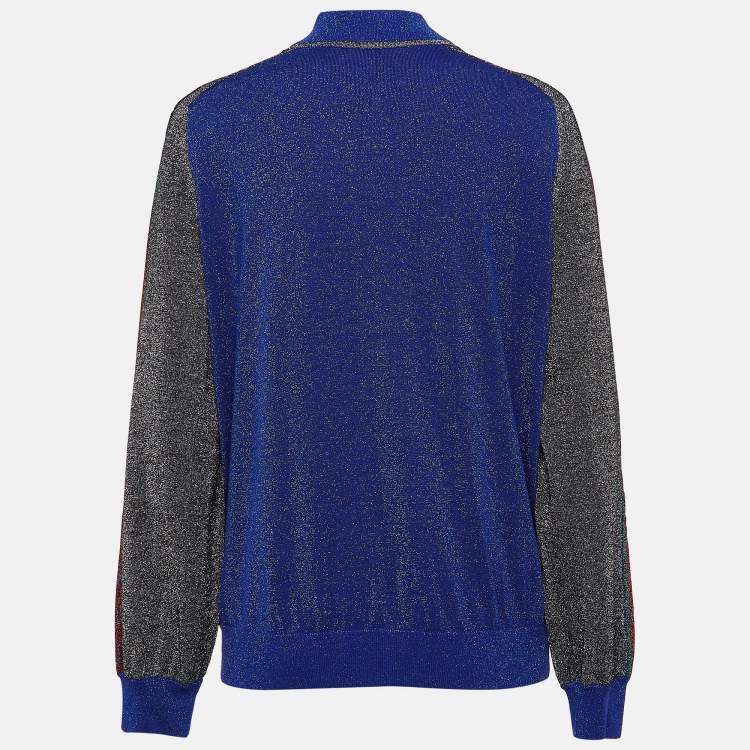 Pre Owned Gucci Blue GG Intarsia Lame Knit Zip Front Jacket L