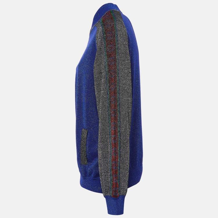 Pre Owned Gucci Blue GG Intarsia Lame Knit Zip Front Jacket L