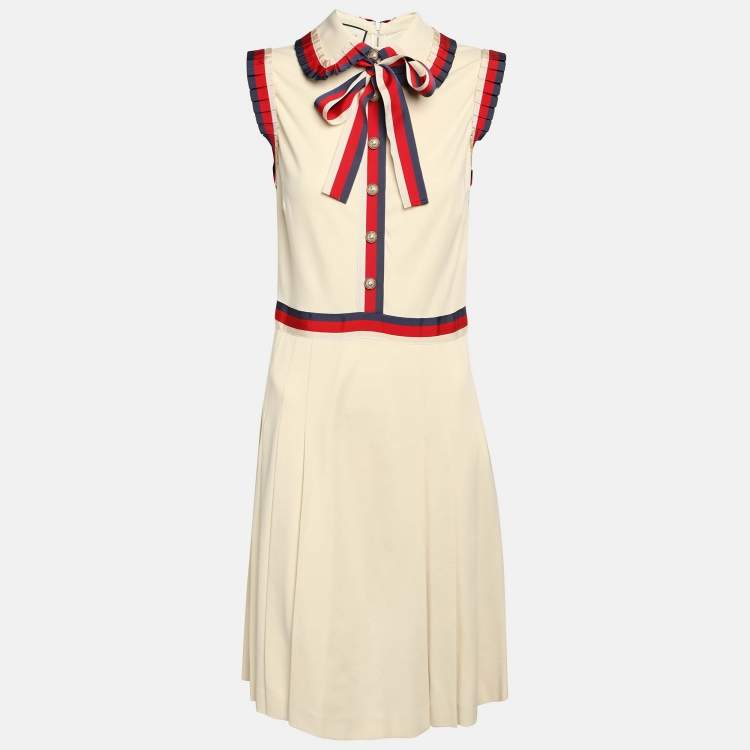 Pre Owned Gucci Cream Stretch Jersey Web Trim Detail Shift Dress S
