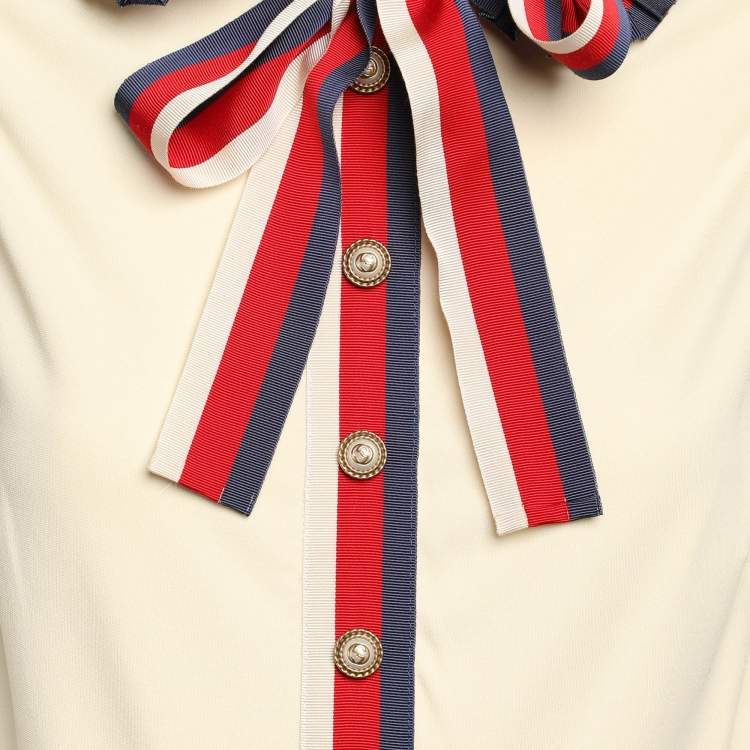 Pre Owned Gucci Cream Stretch Jersey Web Trim Detail Shift Dress S