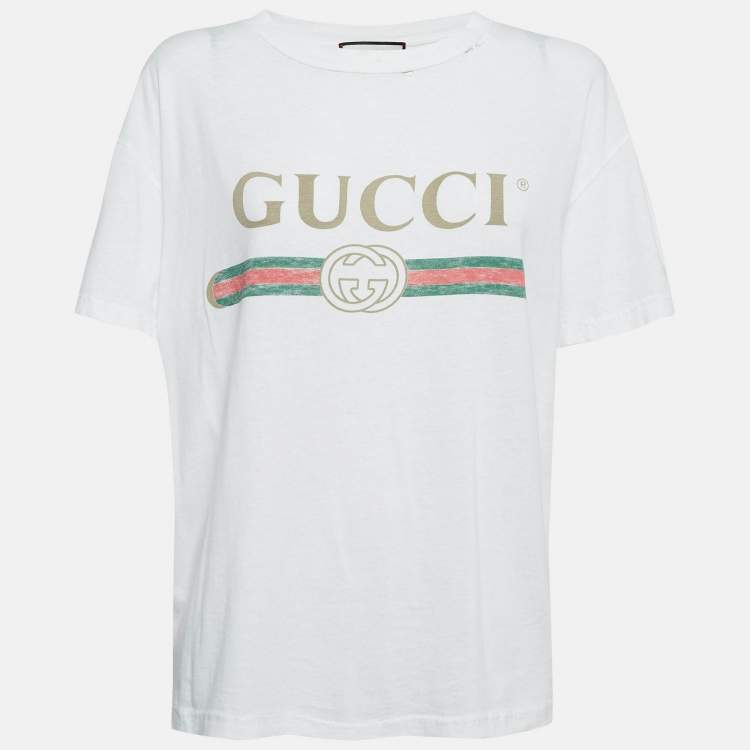 Pre Owned Gucci White Logo Print Distressed Cotton T-Shirt S 
