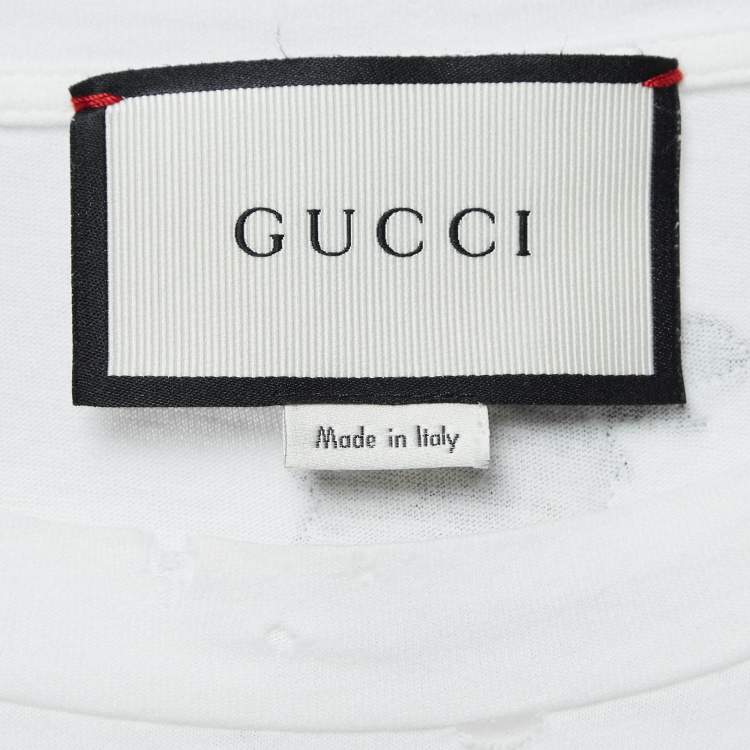 Pre Owned Gucci White Logo Print Distressed Cotton T-Shirt S 