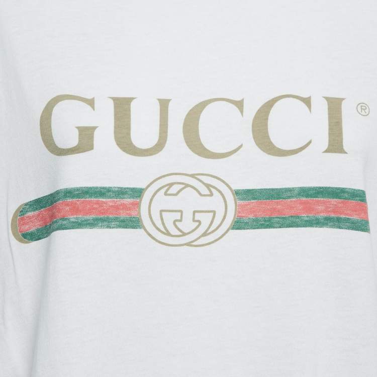 Pre Owned Gucci White Logo Print Distressed Cotton T-Shirt S 