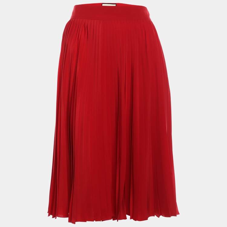 Pre Owned Gucci Red Pleated Silk Midi Skirt M