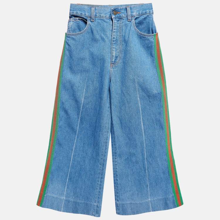 Pre Owned Gucci Navy Blue Denim Side Tape Detail Wide-Leg Jeans S