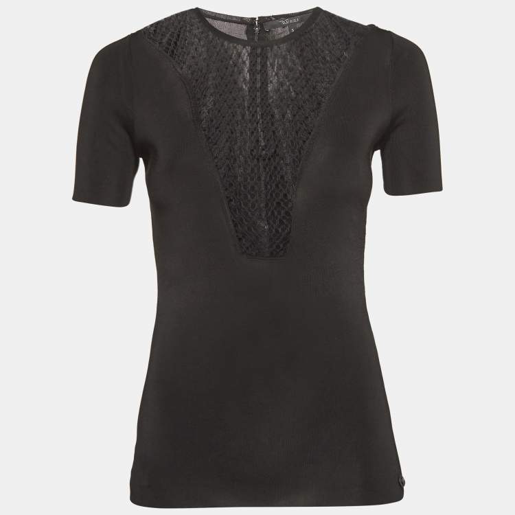 مملوكة مسبقًا Gucci Black Mesh Insert Rib Knit Short Sleeve Top S