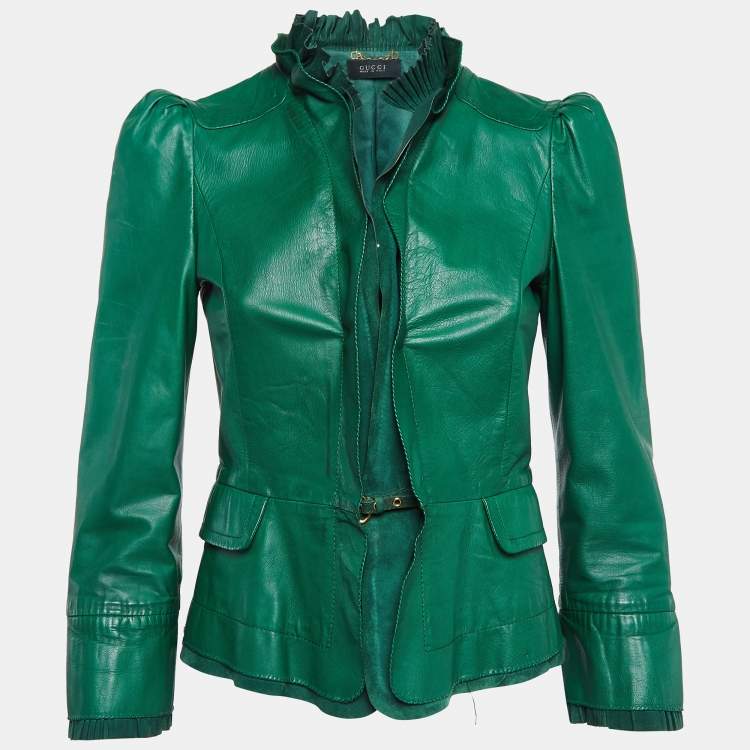 مملوكة مسبقًا Gucci Green Leather Pleated Crop Leather Jacket M