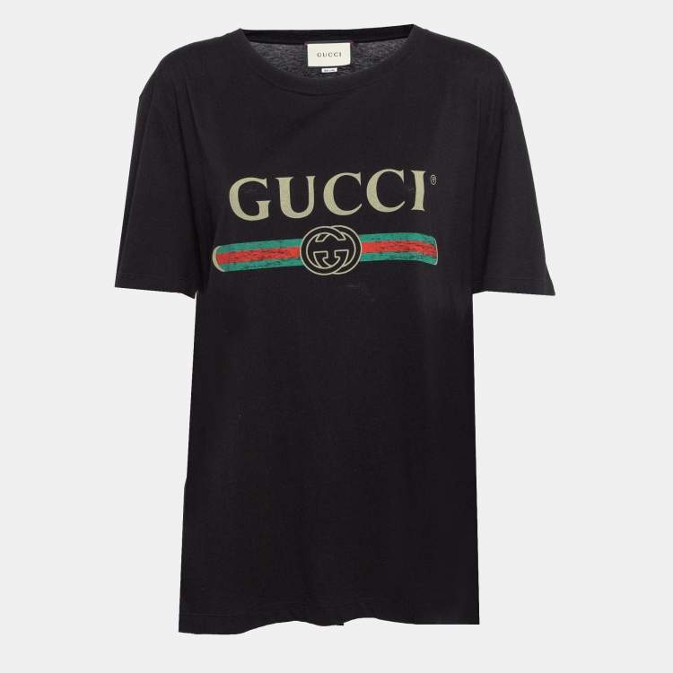 Pre Owned Gucci Black Logo Print Jersey Distressed T-Shirt M