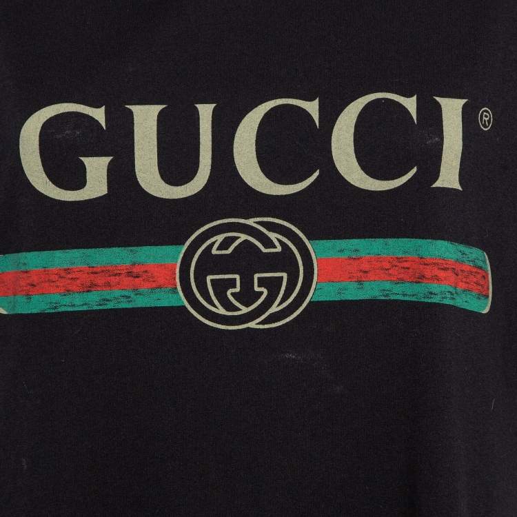 Pre Owned Gucci Black Logo Print Jersey Distressed T-Shirt M