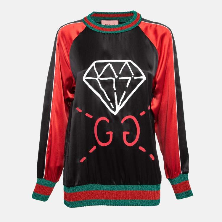 Pre Owned Gucci Black/Red Ghost Diamond Print Silk Lurex Knit Trim Detail Top L