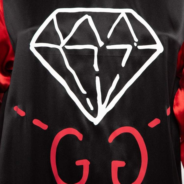 Pre Owned Gucci Black/Red Ghost Diamond Print Silk Lurex Knit Trim Detail Top L