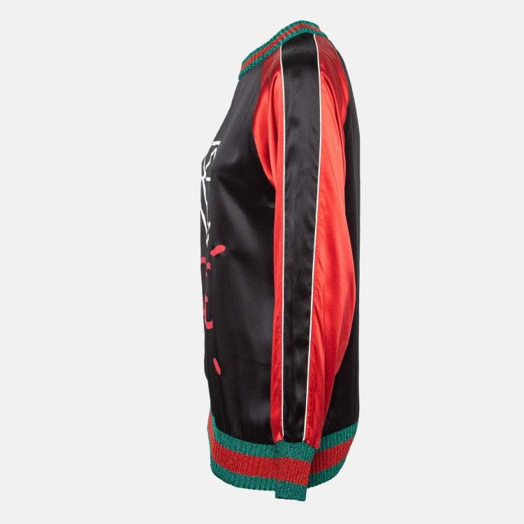 Pre Owned Gucci Black/Red Ghost Diamond Print Silk Lurex Knit Trim Detail Top L