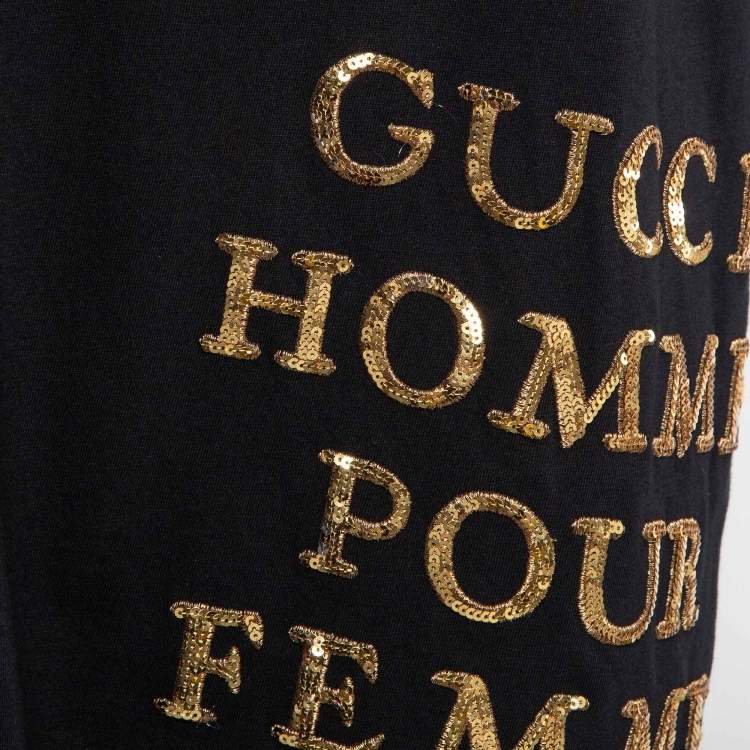 Pre Owned Gucci Black Logo Sequin Embroidered Cotton Oversized T-Shirt S