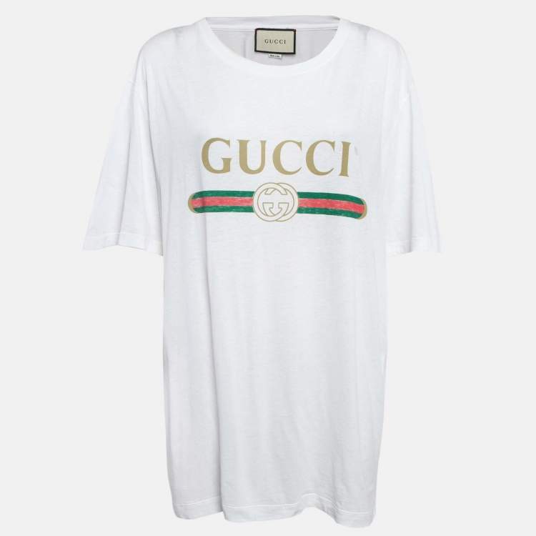 Pre Owned Gucci White Logo Print Cotton Jersey T-Shirt XL