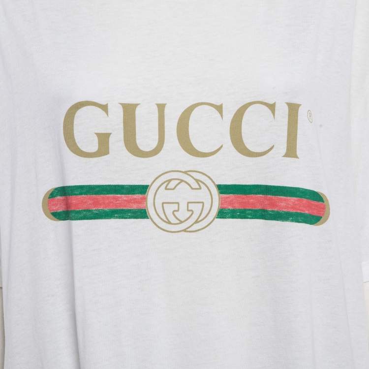 Pre Owned Gucci White Logo Print Cotton Jersey T-Shirt XL