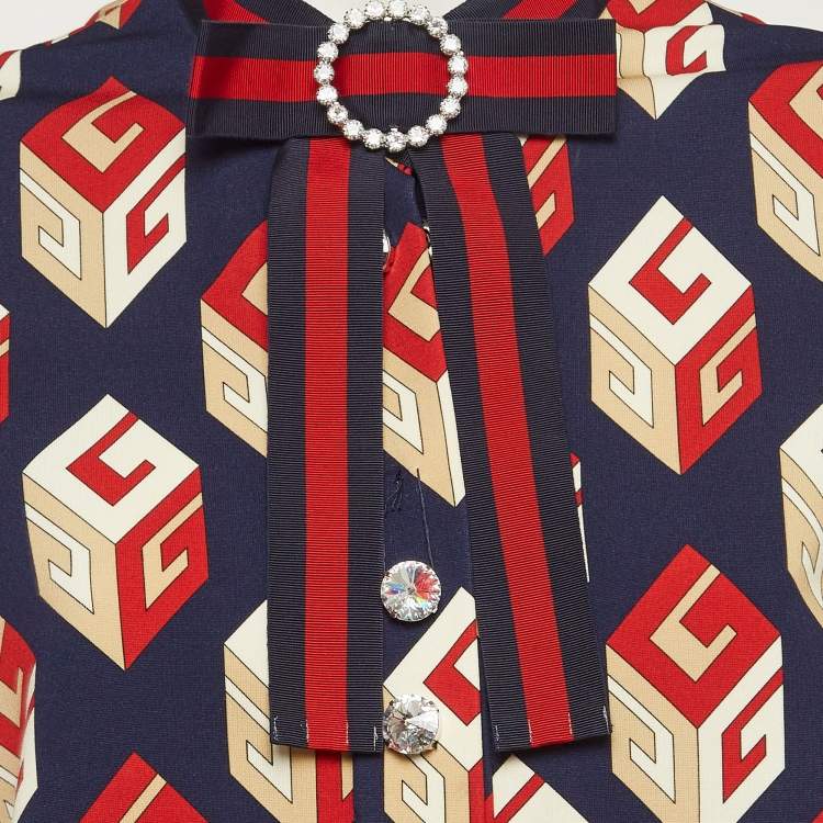 Pre Owned Gucci Blue GG Wallpaper Print Jersey Crystal Closure Midi Dress XXL
