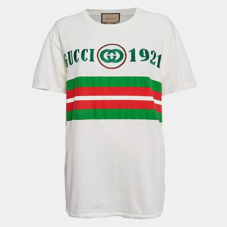 مملوكة مسبقًا Gucci White Embroidered Cotton Knit T-Shirt M