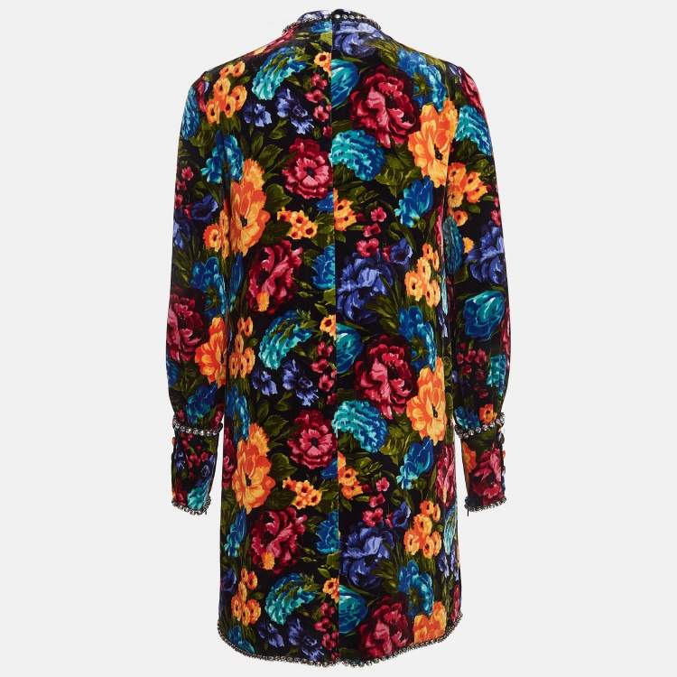 Pre Owned Gucci Multicolor Floral Print Studded Velvet Bow Detail Mini Dress S