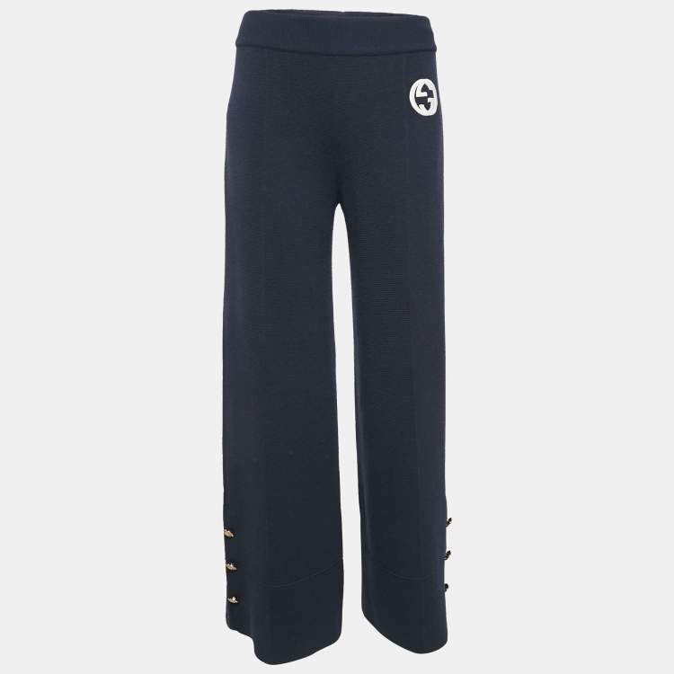 Pre Owned Gucci Navy Blue Textured Stretch Knit Wide Leg Trousers M
