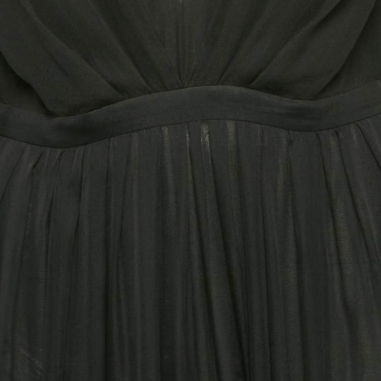 Pre Owned Gucci Black Floral Print Silk Plunging Neck Flared Gown M