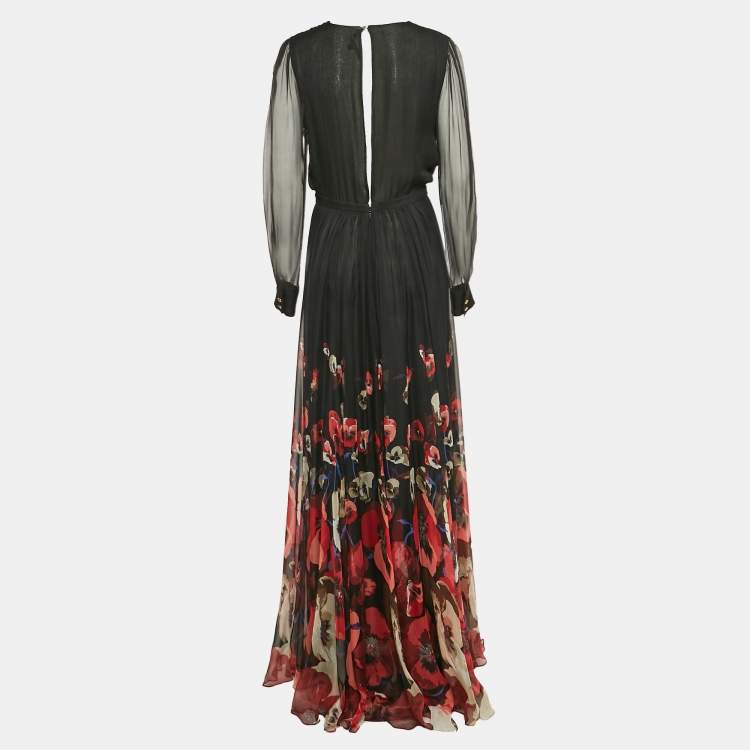 Pre Owned Gucci Black Floral Print Silk Plunging Neck Flared Gown M