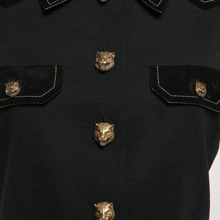مملوكة مسبقًا Gucci Black Embellished Closure Wool and Suede Belted Short Dress M