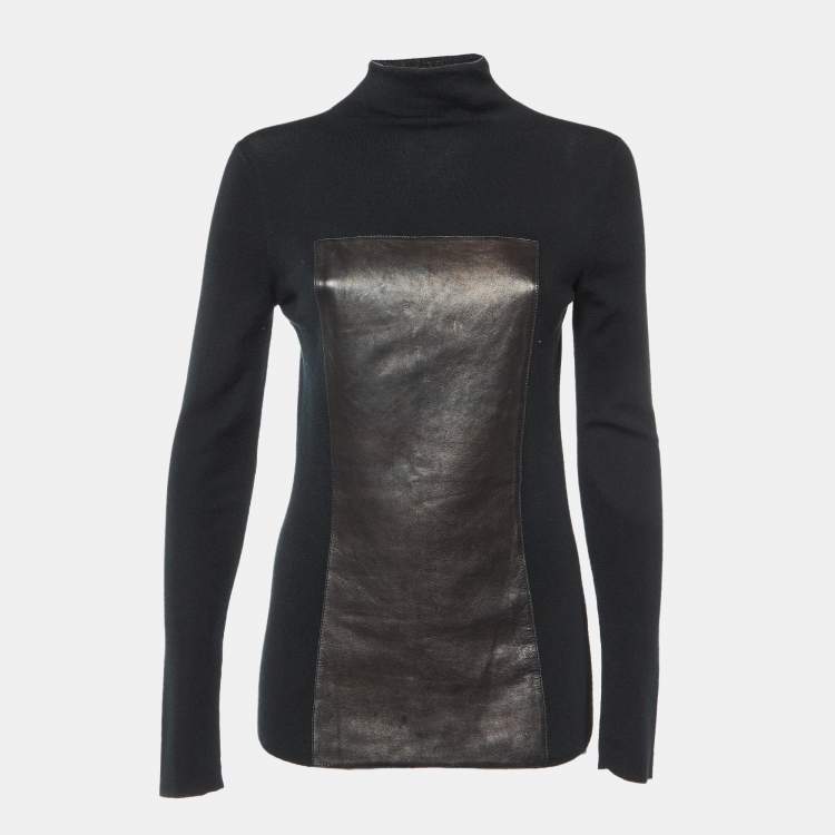 Pre Owned Gucci Black Knit Cashmere Leather Patch High Neck Sweater L