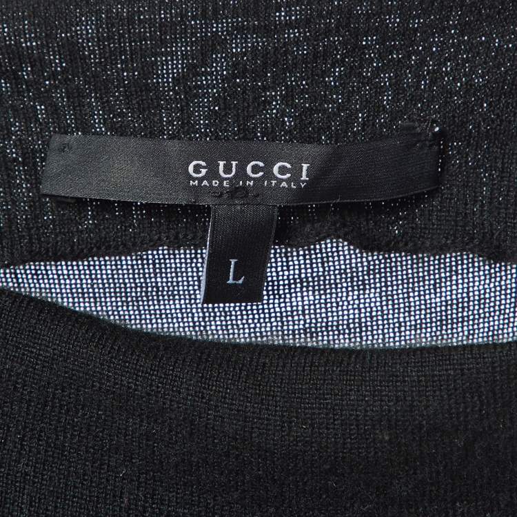 Pre Owned Gucci Black Knit Cashmere Leather Patch High Neck Sweater L