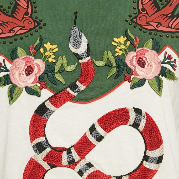 Pre Owned Gucci Cream/Green Applique Jersey Cotton T-Shirt S
