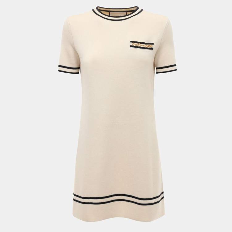 Pre Owned Gucci Cream Contrast Trim Wool Knit Horsebit Chain Detail Dress XL