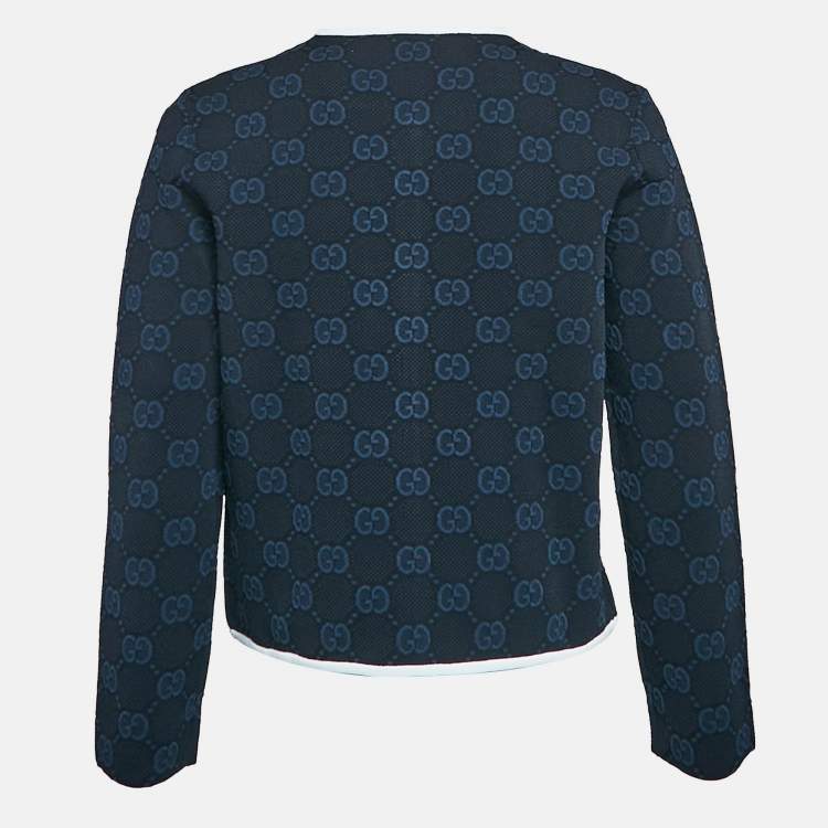 Pre Owned Gucci Navy Blue Zima Jacquard Knit Zip-Up Cardigan M