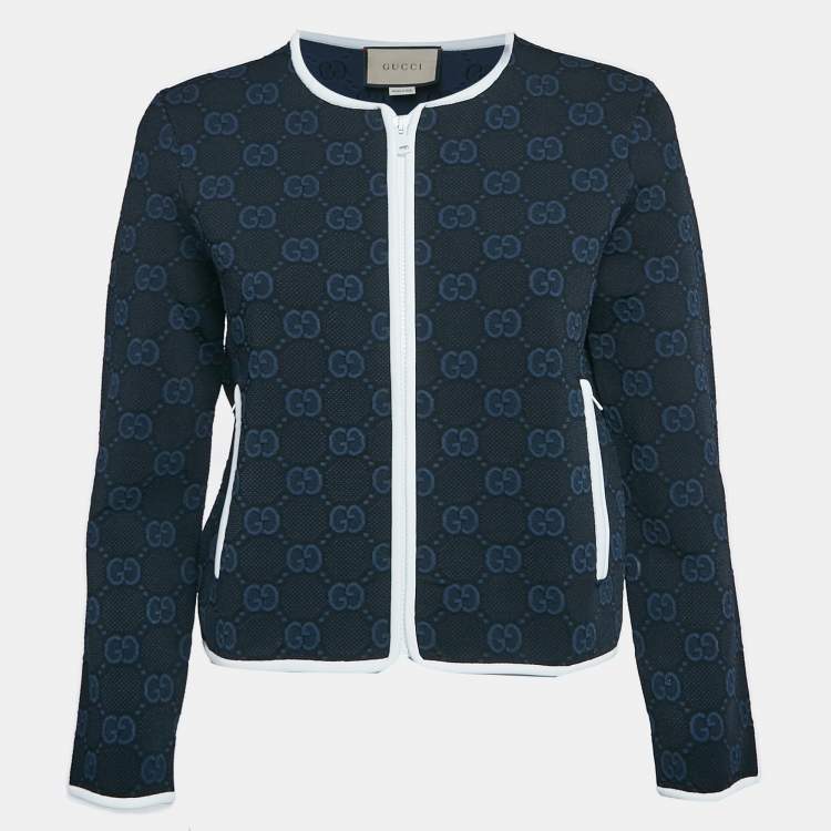 Pre Owned Gucci Navy Blue Zima Jacquard Knit Zip-Up Cardigan M