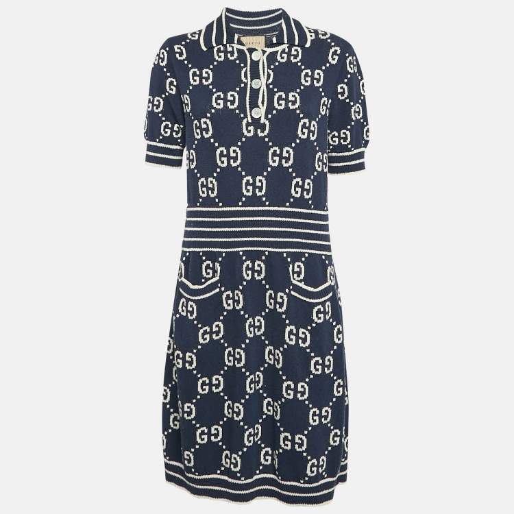 Pre Owned Gucci Blue Zima Jacquard Cotton Blend Knit Mini Dress L