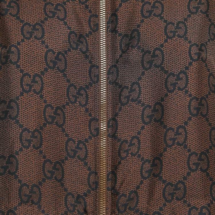 Pre Owned Gucci Brown GG Supreme Print Silk Zip-Up Tape Trim Jacket S