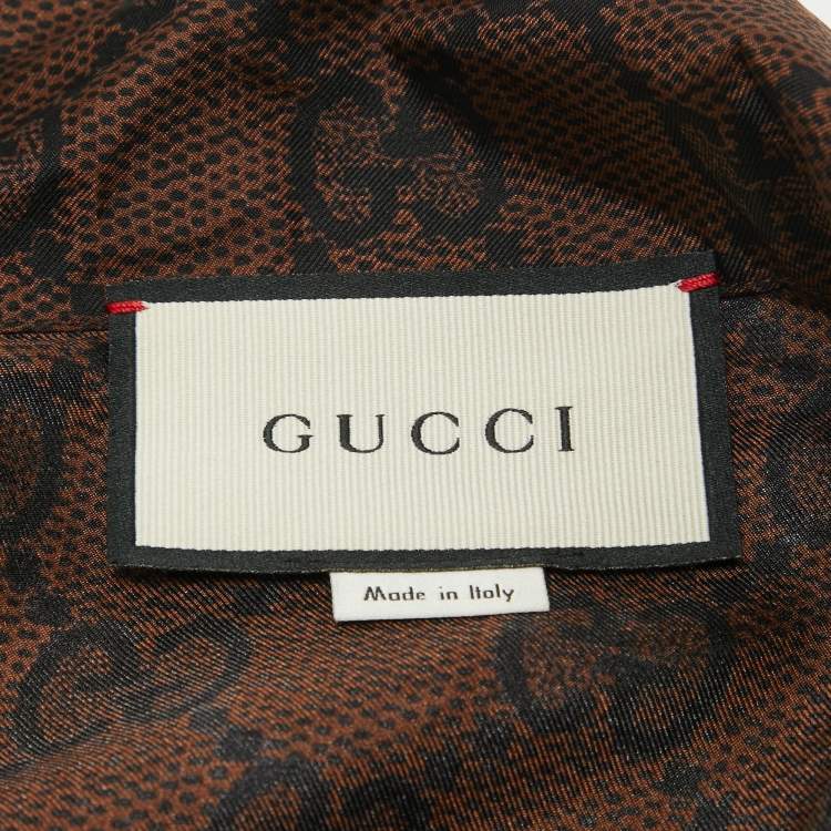 Pre Owned Gucci Brown GG Supreme Print Silk Zip-Up Tape Trim Jacket S