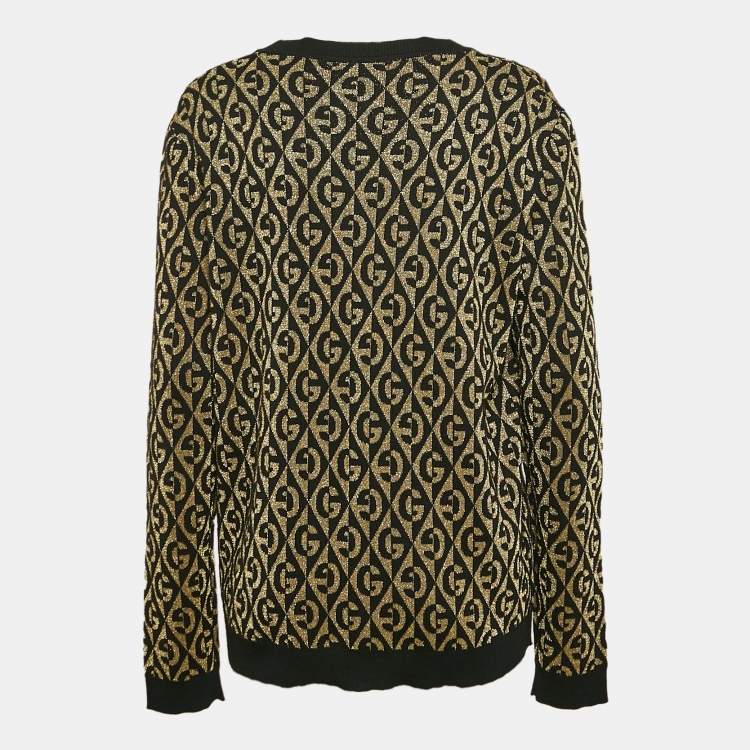 Pre Owned Gucci Black/Gold Logo Patterned Wool Blend Lurex Knit Cardigan S