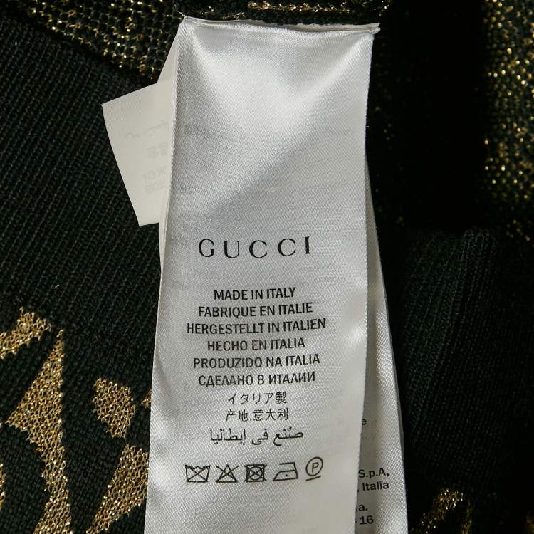 Pre Owned Gucci Black/Gold Logo Patterned Wool Blend Lurex Knit Cardigan S