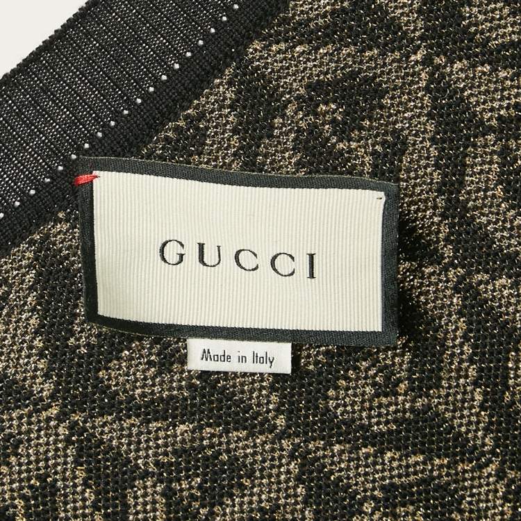 Pre Owned Gucci Black/Gold Logo Patterned Wool Blend Lurex Knit Cardigan S