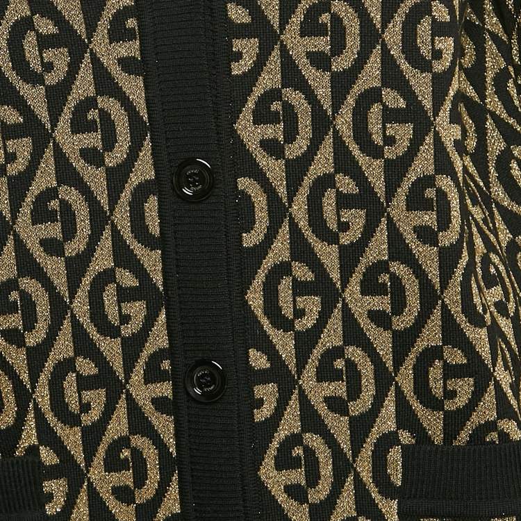 Pre Owned Gucci Black/Gold Logo Patterned Wool Blend Lurex Knit Cardigan S