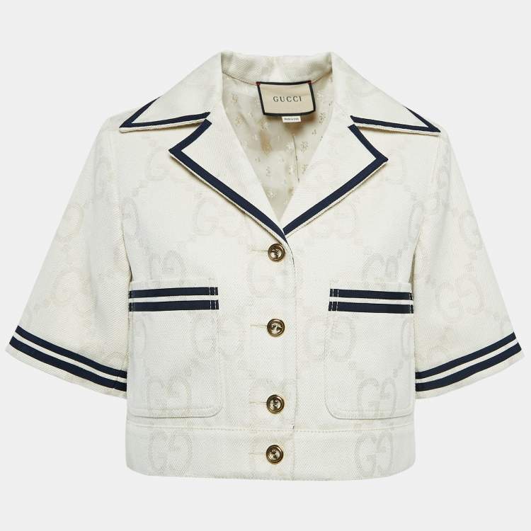 Pre Owned Gucci Light Beige Supreme Jacquard Canvas Crop Jacket M