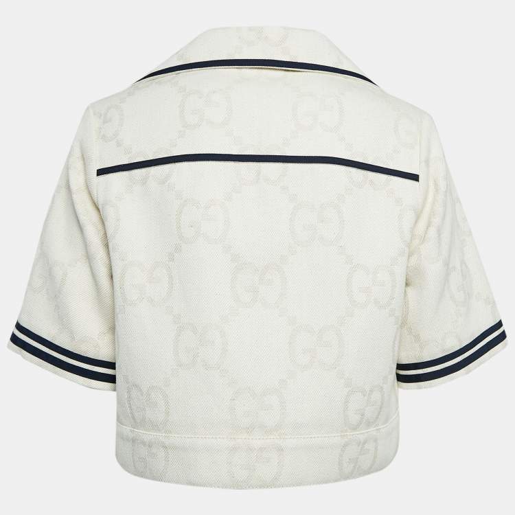 Pre Owned Gucci Light Beige Supreme Jacquard Canvas Crop Jacket M