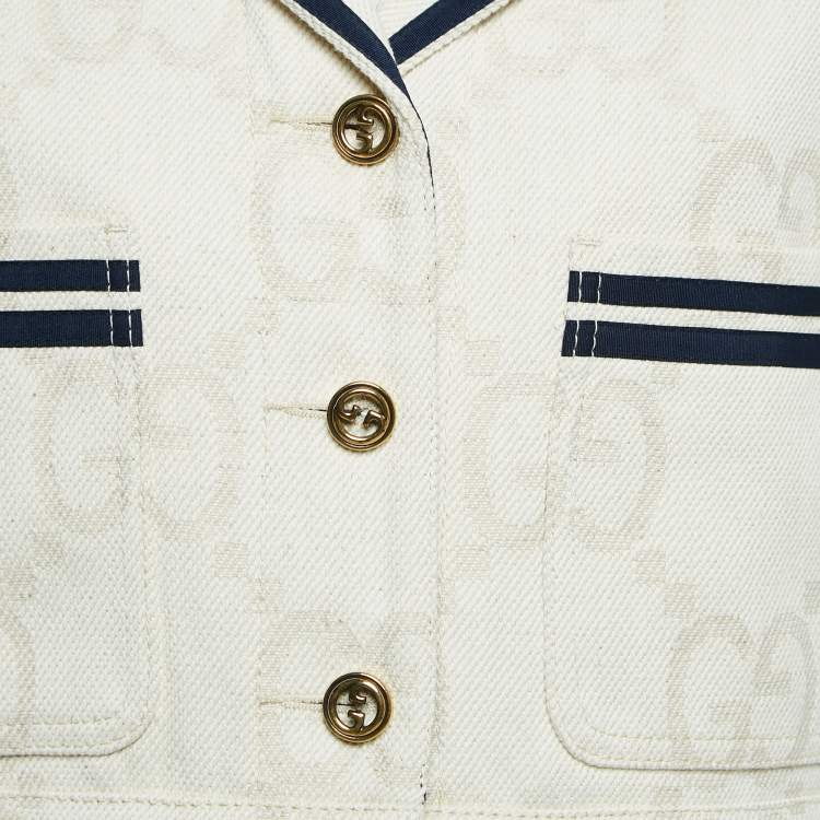 Pre Owned Gucci Light Beige Supreme Jacquard Canvas Crop Jacket M
